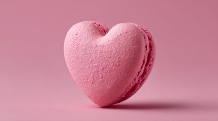 Obraz premium Heart-shaped pink macaron placed on a soft pink background, showcasing its smooth texture and delightful design, perfect for romantic occasions and sweet treats