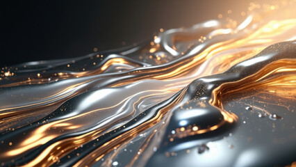Abstract flowing liquid metal with golden light reflections and sparkling particles