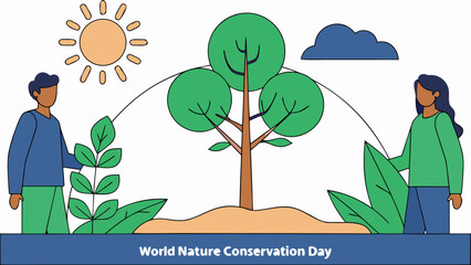 People planting a tree under a sunny sky for nature conservation