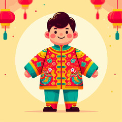 Cartoon illustration of people wearing Chinese New Year clothes