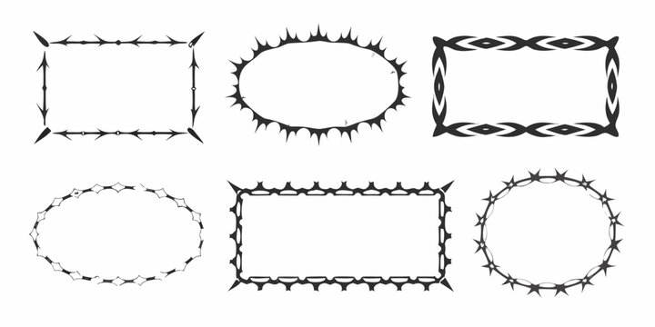 Black and white vector graphics of barbed wire frames and decorative borders