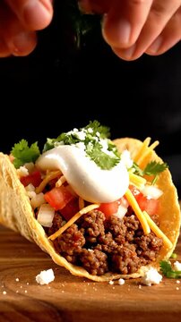 Close Up Hand Squeezing Lime On Delicious Ground Beef Taco
