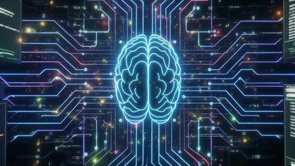 Glowing digital brain symbolizes artificial intelligence processing data surrounded by computer screens. - Powered by Adobe
