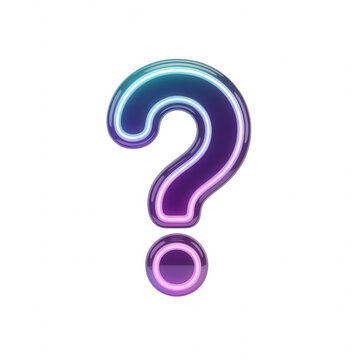 Vibrant neon lit question mark with purple and blue gradient floating in space transparent background isolated on a transparent background