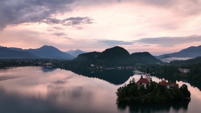 Aerial view of the recreation area at Lake Bled in Slovenia