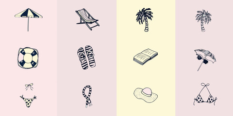 A collection of beach themed illustrations parasol chair palm trees and accessories © Juel