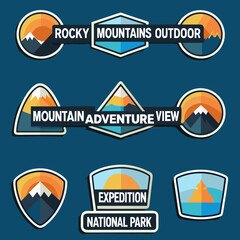 Collection of colorful badge designs featuring mountain and outdoor themes © Juel