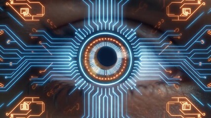 Futuristic bionic eye scanning with glowing blue and orange digital circuit board interface technology - Powered by Adobe