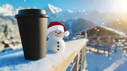 A snowman sits next to a paper coffee cup with a blank design against a backdrop of a ski resort, creating a winter mockup for advertising and branding