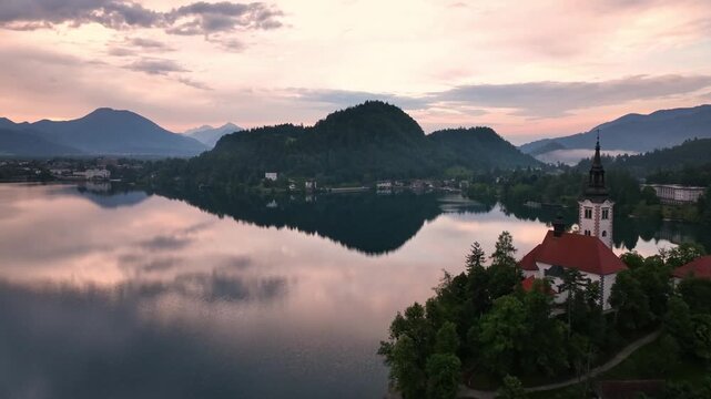 Aerial view of the recreation area at Lake Bled in Slovenia