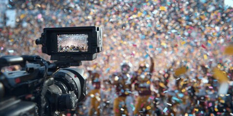 Broadcast camera capturing championship celebration during American football game