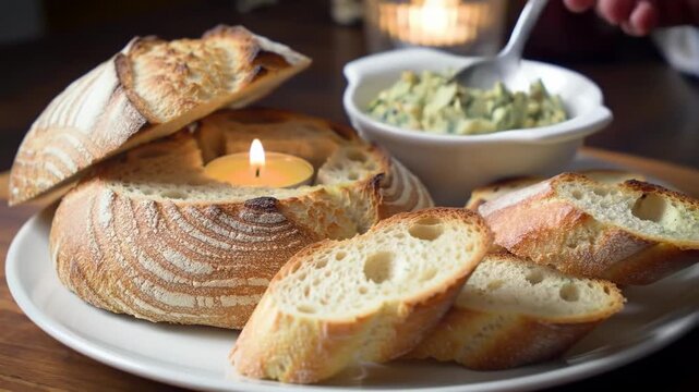 A plate of bread with a lit candle inside a hollowed loaf, accompanied by sliced bread and a bowl of spread