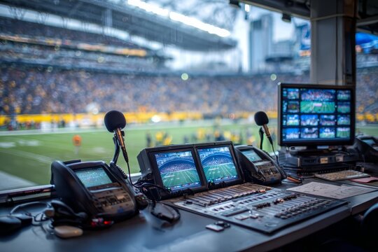 Sports commentator booth overlooking football stadium