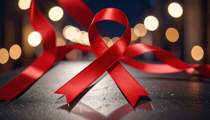 Red awareness ribbon, blurred lights background