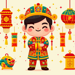 Cartoon illustration of people wearing Chinese New Year clothes