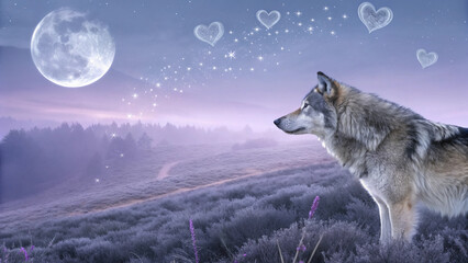 Moon-Kissed Valentine Background in Silver Wolf Fur Tones with Floating Crystal Hearts
