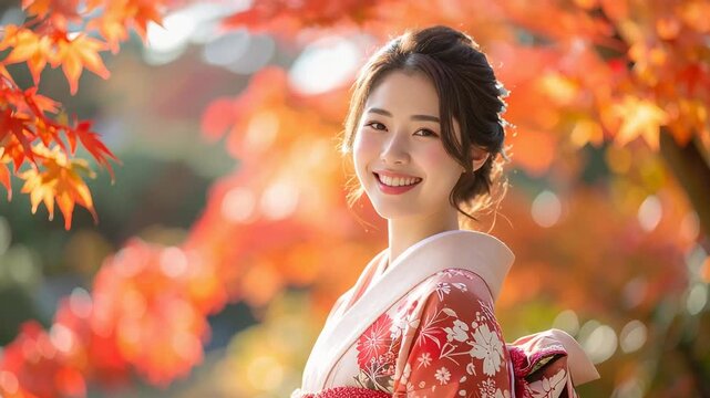 色鮮やかな紅葉と着物の調和が美しい日本文化を感じさせる秋のポートレート