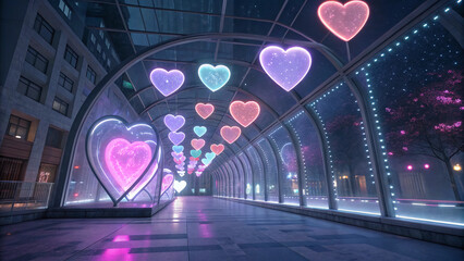 Futuristic Valentine Background with Color-Shifting Neon Hearts and Prism Light