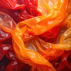 Crinkled plastic, red and orange hues, abstract composition