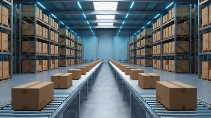 Conveyor belt transporting cardboard boxes in a logistics warehouse - Powered by Adobe