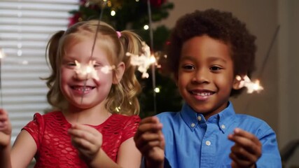 Two joyful children, a girl and a boy, hold sparklers with a Christmas tree and window in the background