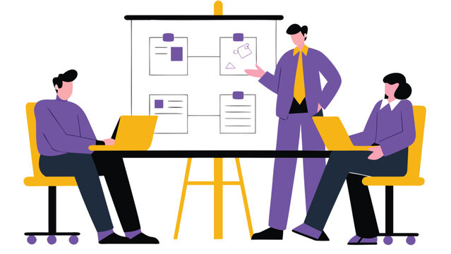 Flat illustration of business team in purple and yellow discussing project plan on whiteboard in meeting