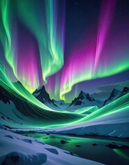 Vivid aurora borealis lights over snowy mountain valley