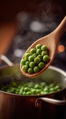 A wooden spoon holds fresh green peas over a steaming pot, showcasing vibrant colors and a warm cooking atmosphere.