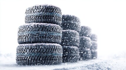 A stack of snow-covered tires, showcasing their tread patterns against a snowy backdrop, indicating winter readiness and vehicle safety.