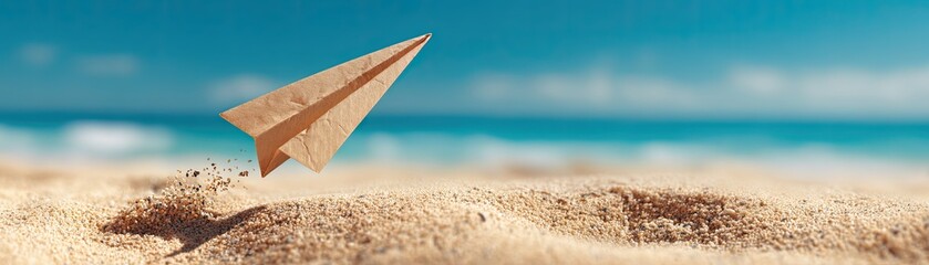 A paper airplane soars above golden sand, symbolizing freedom and creativity against a backdrop of blue sky and ocean.