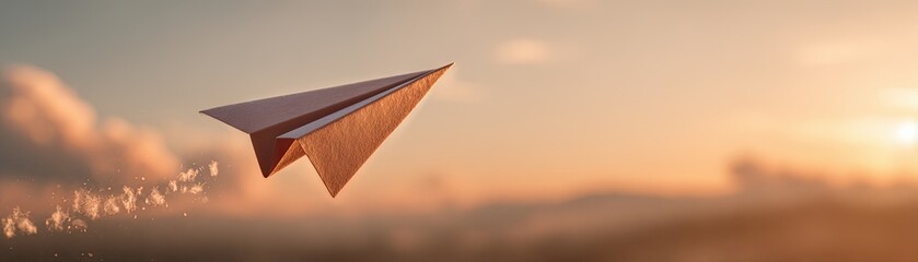 A paper airplane soars against a dreamy sunset backdrop, symbolizing freedom, creativity, and the joy of flight.