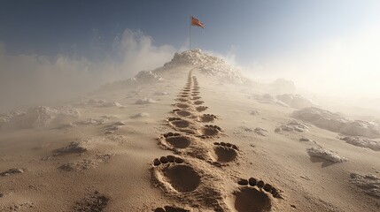 A sandy pathway leads to a flag atop a rocky hill, surrounded by mist, with distinct footprints marking the journey.