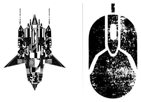 futuristic spaceship and computer mouse vector art