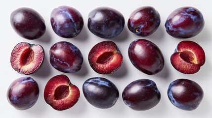A vibrant arrangement of whole and halved plums showcasing their rich purple skin and juicy interiors, perfect for healthy snacking or culinary uses.