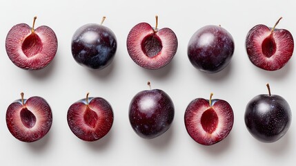 A visually appealing arrangement of whole and halved plums, showcasing their deep purple skin and vibrant red flesh.