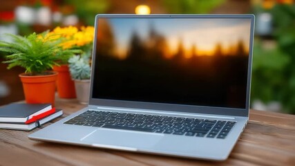 Laptop on wooden desk with books and potted plants outdoors during sunset