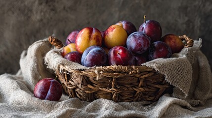 A woven basket filled with juicy plums rests on a textured surface, showcasing their vibrant colors, creating an inviting and rustic aesthetic.