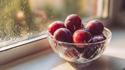 A bowl of fresh, glossy plums sits on a windowsill, with raindrops on the glass, creating a serene and inviting atmosphere.