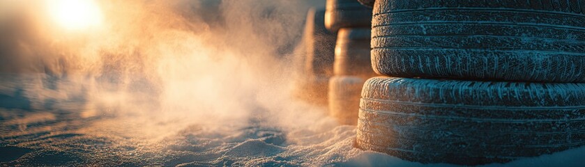 A close-up view of stacked tires with a hazy background, showcasing texture and warmth from the sun illuminating the scene.