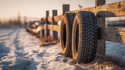 A pair of weathered tires rests against a wooden fence, surrounded by snow, illuminated by soft sunlight in a tranquil, winter landscape.