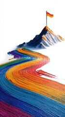 A vibrant landscape featuring colorful lines flowing towards a mountain topped with a flag, symbolizing unity and creativity.