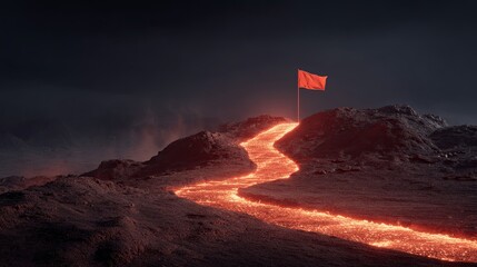 A surreal landscape featuring a glowing lava flow leading to a red flag atop rocky terrain under a dark sky.