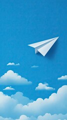 A paper airplane soars through a bright blue sky dotted with fluffy clouds, symbolizing freedom and creativity.