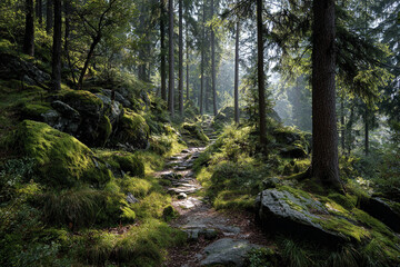 Fototapeta premium Mossy forest path with sunlight filtering through tall trees creates tranquil woodland scene with rocks and lush green vegetation along trail