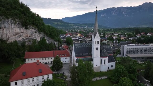 Aerial view of the church at Lake Bled in Slovenia