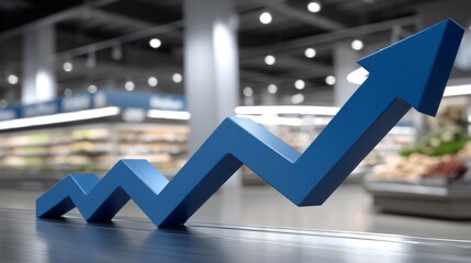 A blue arrow pointing upwards is on a table. The arrow is surrounded by a blue line, which is also pointing upwards. Concept of growth and progress, as the arrow and line both move upwards