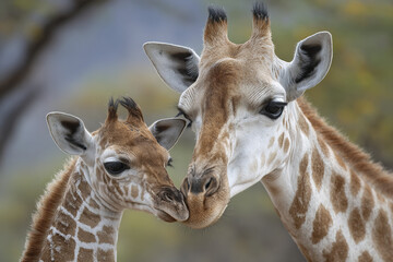 Obraz premium Mother giraffe gently nuzzles her baby in peaceful natural environment, showcasing their close bond and soft texture of their spotted fur under soft light