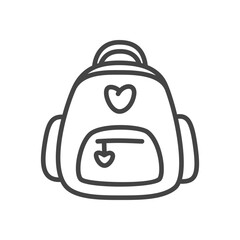 Cute backpack icon. Monochrome doodle illustration of school backpack with heart pocket. Kawaii sticker. Vector 10 EPS.