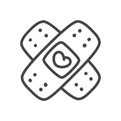 Cute bandages icon. Pair of band-aids crossed with heart in the center. Monochrome doodle illustration. Vector 10 EPS.