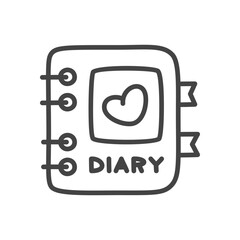 Cute diary notebook icon. Monochrome doodle illustration of diary with heart label and bookmarks in girly style. Kawaii sticker. Vector 10 EPS.